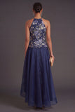 A Line Halter Neck Navy Floral High Low Wedding Guest Dress