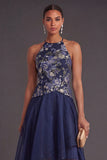 A Line Halter Neck Navy Floral High Low Wedding Guest Dress