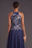 A Line Halter Neck Navy Floral High Low Wedding Guest Dress