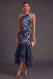 Halter Neck Navy Floral Mermaid Long Wedding Guest Dress
