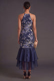 Halter Neck Navy Floral Mermaid Long Wedding Guest Dress