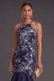 Halter Neck Navy Floral Mermaid Long Wedding Guest Dress