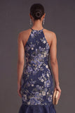 Halter Neck Navy Floral Mermaid Long Wedding Guest Dress