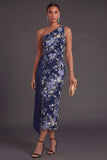 One Shoulder Navy Floral Sheath Long Wedding Guest Dress with Cape