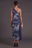 One Shoulder Navy Floral Sheath Long Wedding Guest Dress with Cape