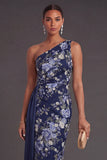 One Shoulder Navy Floral Sheath Long Wedding Guest Dress with Cape