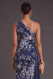 One Shoulder Navy Floral Sheath Long Wedding Guest Dress with Cape