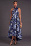 High Low A Line Navy Floral Wedding Guest Dress
