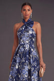High Low A Line Navy Floral Wedding Guest Dress