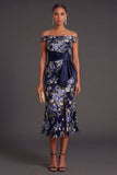 Navy Floral Off the Shoulder Midi Wedding Guest Dress with Slit