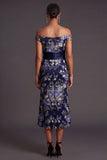 Navy Floral Off the Shoulder Midi Wedding Guest Dress with Slit