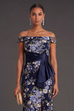 Navy Floral Off the Shoulder Midi Wedding Guest Dress with Slit