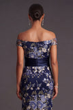 Navy Floral Off the Shoulder Midi Wedding Guest Dress with Slit