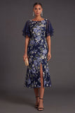 Mermaid Navy Floral Flutter Sleeves Midi Wedding Guest Dress with Slit