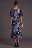 Mermaid Navy Floral Flutter Sleeves Midi Wedding Guest Dress with Slit