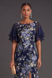Mermaid Navy Floral Flutter Sleeves Midi Wedding Guest Dress with Slit