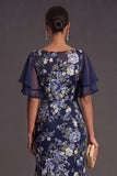 Mermaid Navy Floral Flutter Sleeves Midi Wedding Guest Dress with Slit