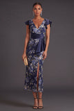 Mermaid Ruffled Navy Floral Long Wedding Guest Dress with Slit