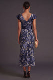 Mermaid Ruffled Navy Floral Long Wedding Guest Dress with Slit