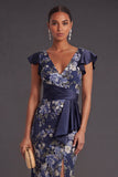 Mermaid Ruffled Navy Floral Long Wedding Guest Dress with Slit