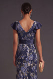 Mermaid Ruffled Navy Floral Long Wedding Guest Dress with Slit
