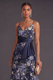 Spaghetti Straps Floral A Line Navy Long Wedding Guest Dress