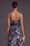 Spaghetti Straps Floral A Line Navy Long Wedding Guest Dress