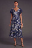 A Line V Neck Navy Floral Long Wedding Guest Dress
