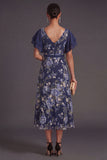 A Line V Neck Navy Floral Long Wedding Guest Dress