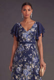 A Line V Neck Navy Floral Long Wedding Guest Dress