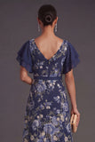 A Line V Neck Navy Floral Long Wedding Guest Dress