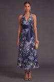 Navy Halter Neck A Line Long Floral Wedding Guest Dress