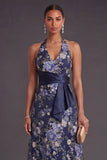 Navy Halter Neck A Line Long Floral Wedding Guest Dress