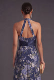 Navy Halter Neck A Line Long Floral Wedding Guest Dress
