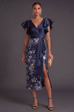 Sheath Navy Floral Ruffled Long Weeding Guest Dress with Slit
