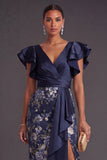 Sheath Navy Floral Ruffled Long Weeding Guest Dress with Slit