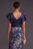 Sheath Navy Floral Ruffled Long Weeding Guest Dress with Slit