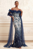 Sparkly Mermaid Floral Navy Long Prom Dress