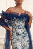 Sparkly Mermaid Floral Navy Long Prom Dress