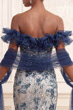 Sparkly Mermaid Floral Navy Long Prom Dress