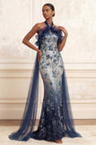 Sparkly Backless Mermaid Floral Navy Long Prom Dress