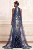 Sparkly Backless Mermaid Floral Navy Long Prom Dress