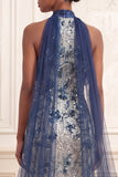 Sparkly Backless Mermaid Floral Navy Long Prom Dress