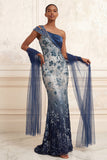 One Shoulder Sparkly Mermaid Floral Navy Long Prom Dress