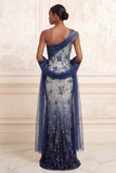 One Shoulder Sparkly Mermaid Floral Navy Long Prom Dress