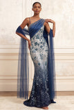 One Shoulder Backless Sparkly Mermaid Floral Navy Long Prom Dress