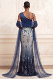 One Shoulder Backless Sparkly Mermaid Floral Navy Long Prom Dress