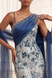 One Shoulder Backless Sparkly Mermaid Floral Navy Long Prom Dress