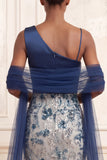 One Shoulder Backless Sparkly Mermaid Floral Navy Long Prom Dress