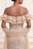 Beaded Apricot Mermaid Ruffled Long Prom Dress